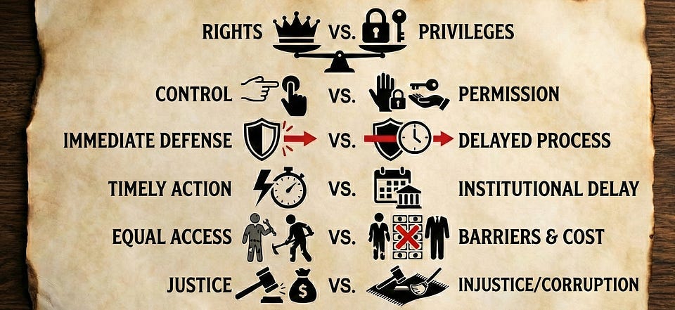 Rights vs. privileges: control vs. permission, immediate defense vs. delayed process, timely action vs. institutional delay
