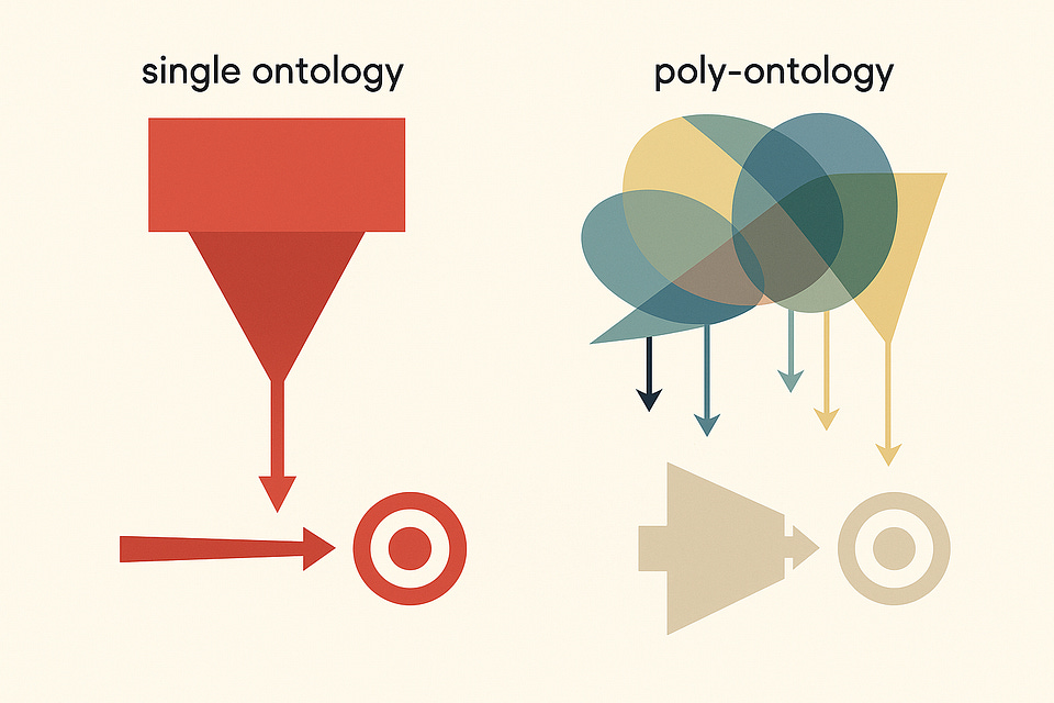Diagram: a single ontology funnels straight to a red target; a poly-ontology of overlapping shapes sends many separate arrows