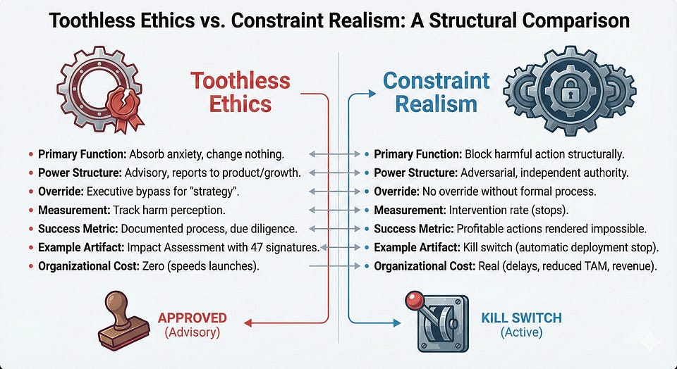 Comparison table: toothless ethics is advisory and costs nothing; constraint realism holds independent veto and a kill switch
