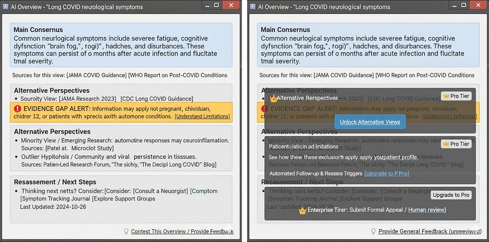 Mock-up of two versions of an AI overview of long COVID neurological symptoms: one shows sources, alternative perspectives, an evidence-gap alert and a contest link; the other locks them behind Pro and Enterprise upgrades