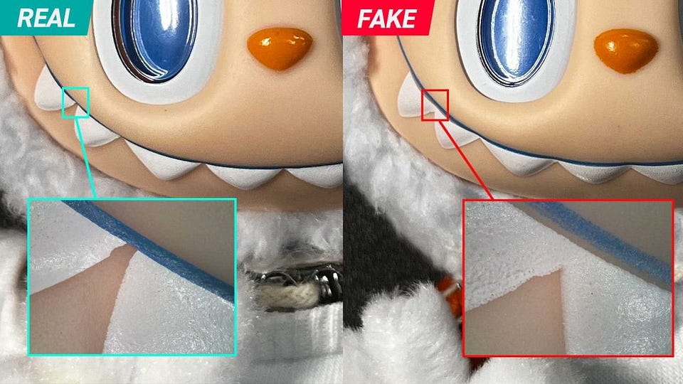 Side‑by‑side photos of a plush toy’s head labeled REAL and FAKE with callouts highlighting differences in stitching and fabric texture.