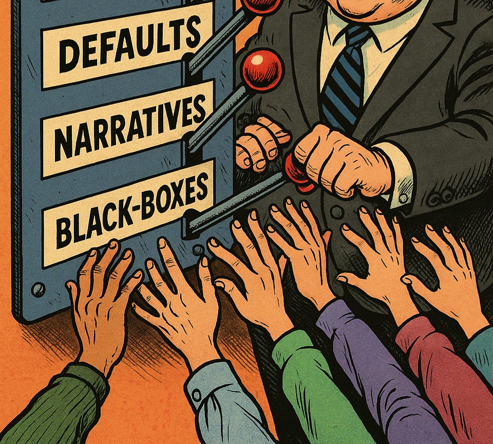 Cartoon: an executive grips levers labeled Defaults, Narratives and Black-Boxes as many hands reach up toward them