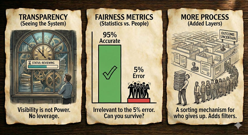 Three panels: transparency (visibility is not power), fairness metrics (95% accurate, 5% error), more process (a maze)