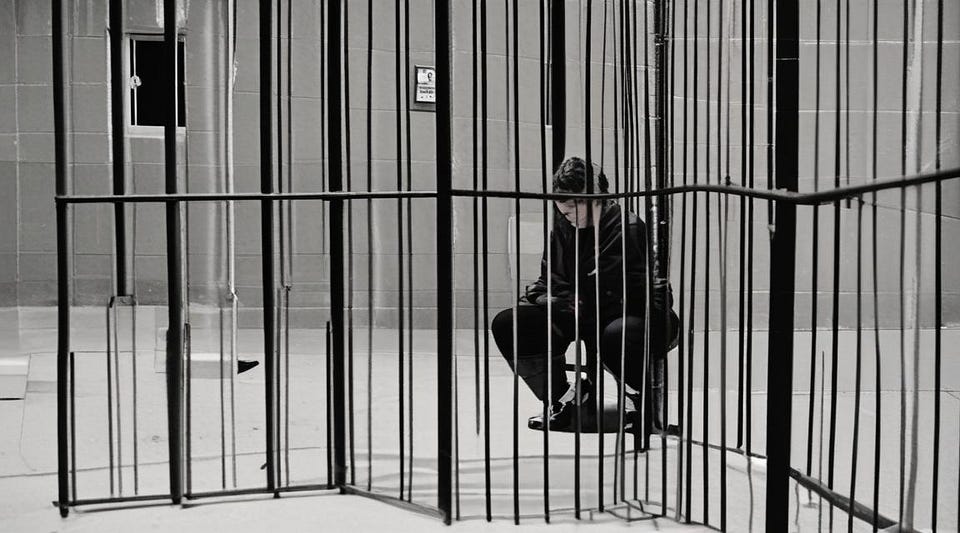 A person sits hunched inside a barred cell in a bare concrete room