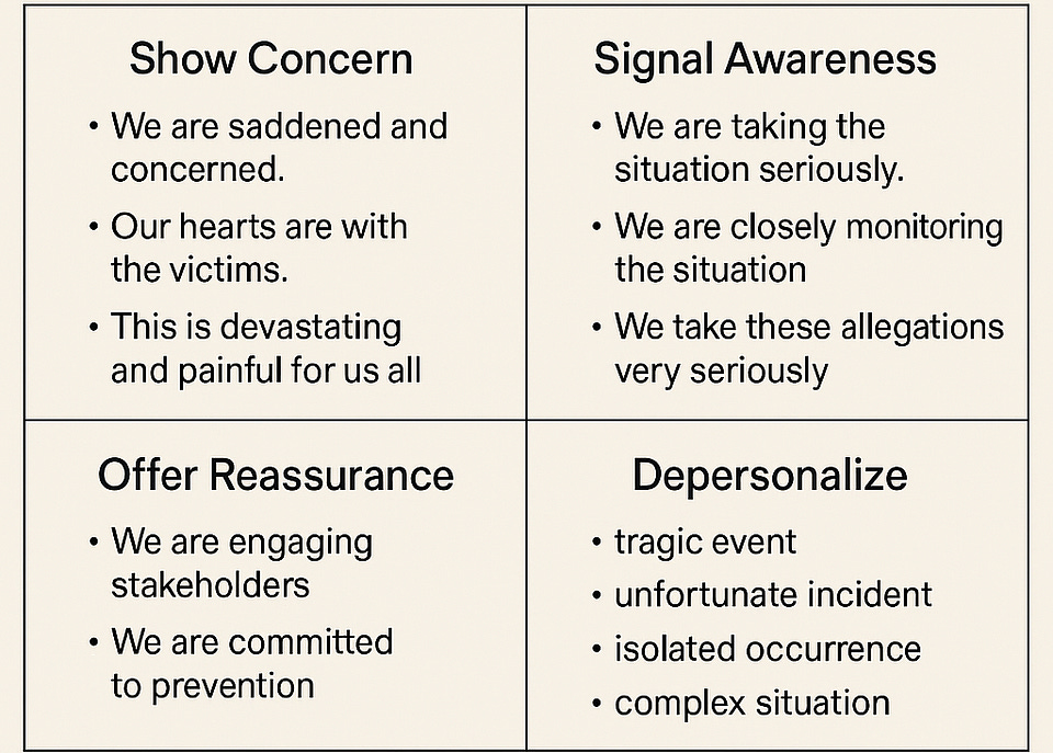 Grid of crisis-statement phrases under Show Concern, Signal Awareness, Offer Reassurance and Depersonalize