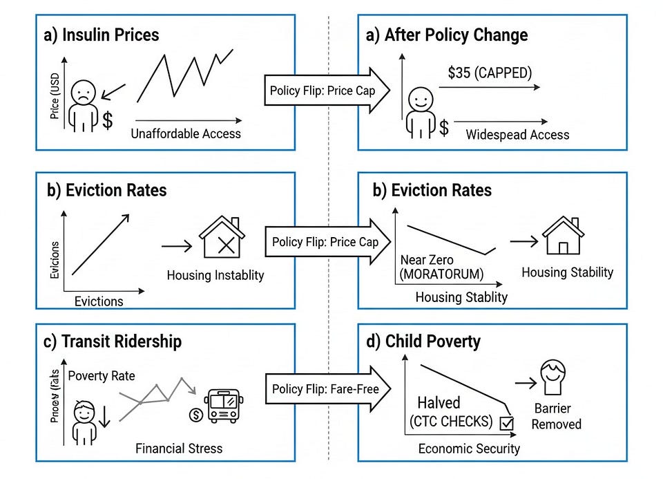 Four panels showing effects of policy flips: insulin price cap vs cost spikes, eviction moratoria vs rent debt, transit fees vs free rides, and child tax credit expansion vs cuts.