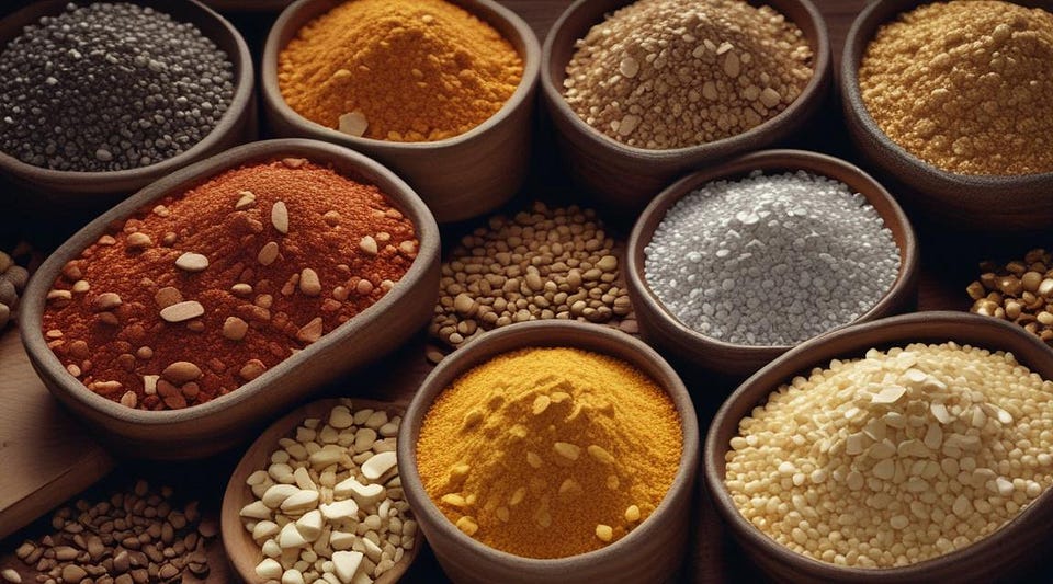 Rows of clay bowls holding ground spices, grains and seeds
