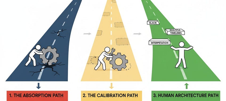 Three roads: the absorption path, the calibration path, and a human architecture path marked slack, timelines, interpretation