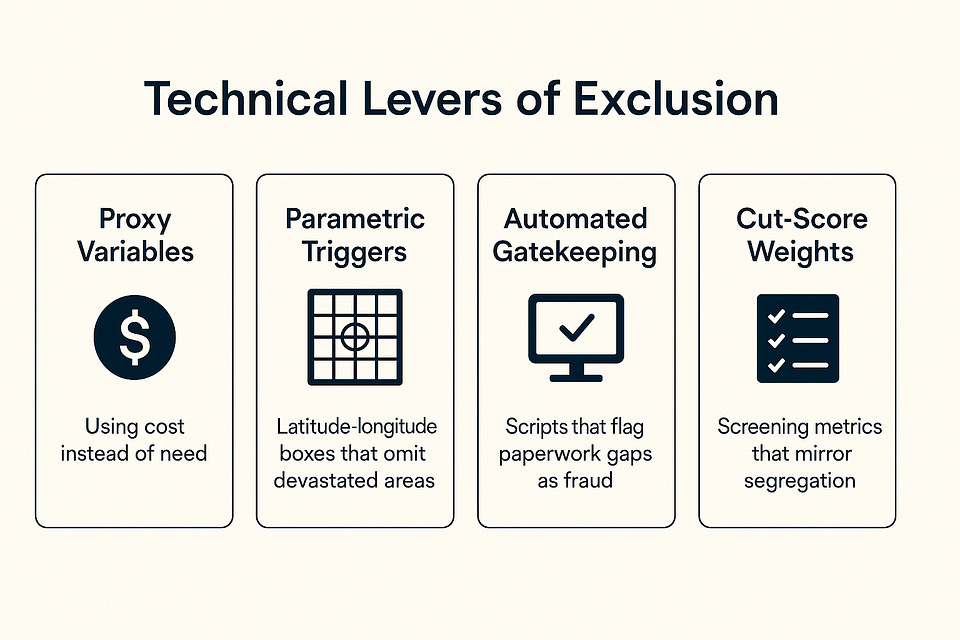 Four technical levers of exclusion: proxy variables, parametric triggers, automated gatekeeping and cut-score weights