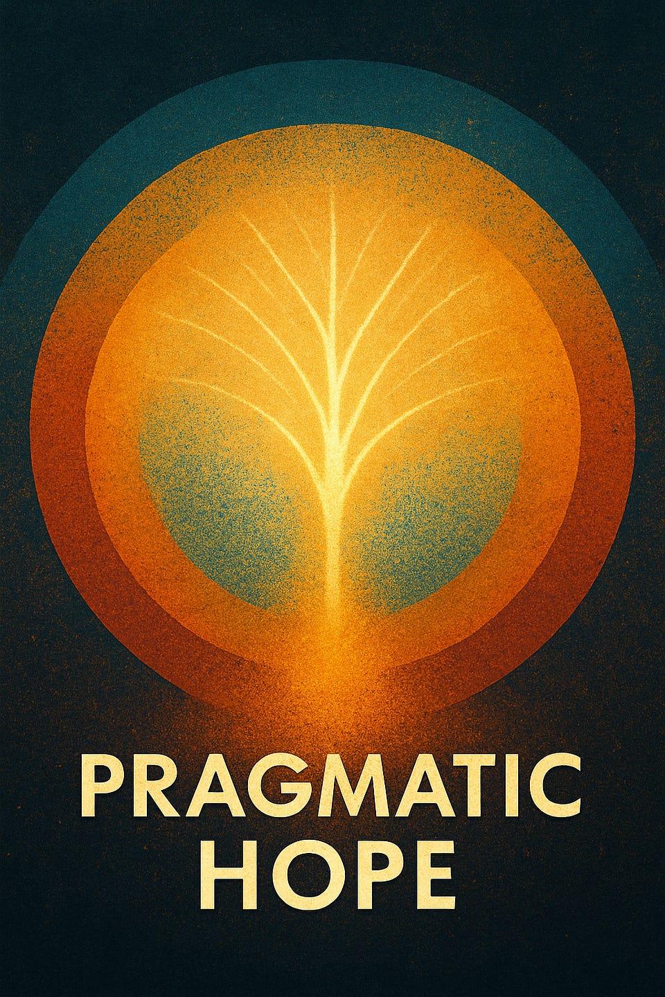 Poster reading “Pragmatic Hope” beneath a glowing tree inside concentric orange circles
