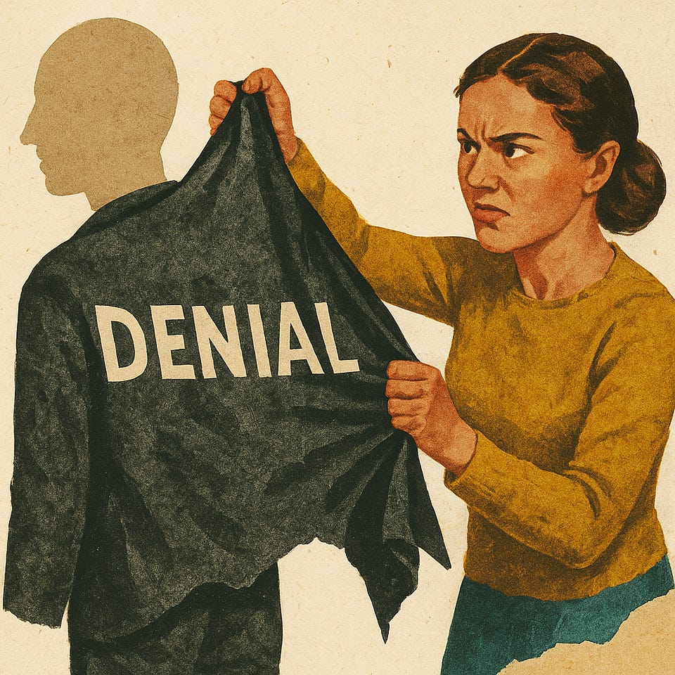 A woman tears a dark cloak labeled “DENIAL” off a faceless silhouette