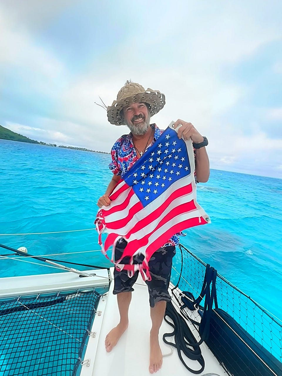 The ensign flag that survived from Puerto Vallarta, across the Pacific and to Bora Bora. It is proudly flown from the stern to show we are…