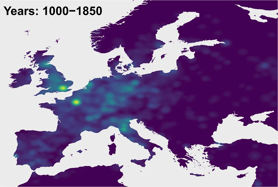 Map of Europe with lights highlighting where each notable person was born (within the period 1000 to 1850)