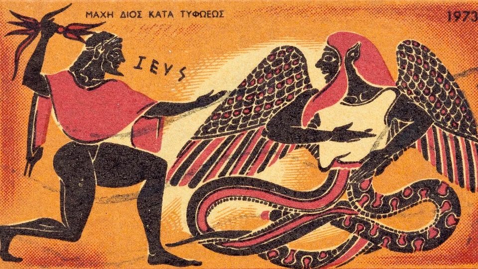 Ancient Greek pottery art depicting Zeus fighting the monstrous serpentine giant Typhon.