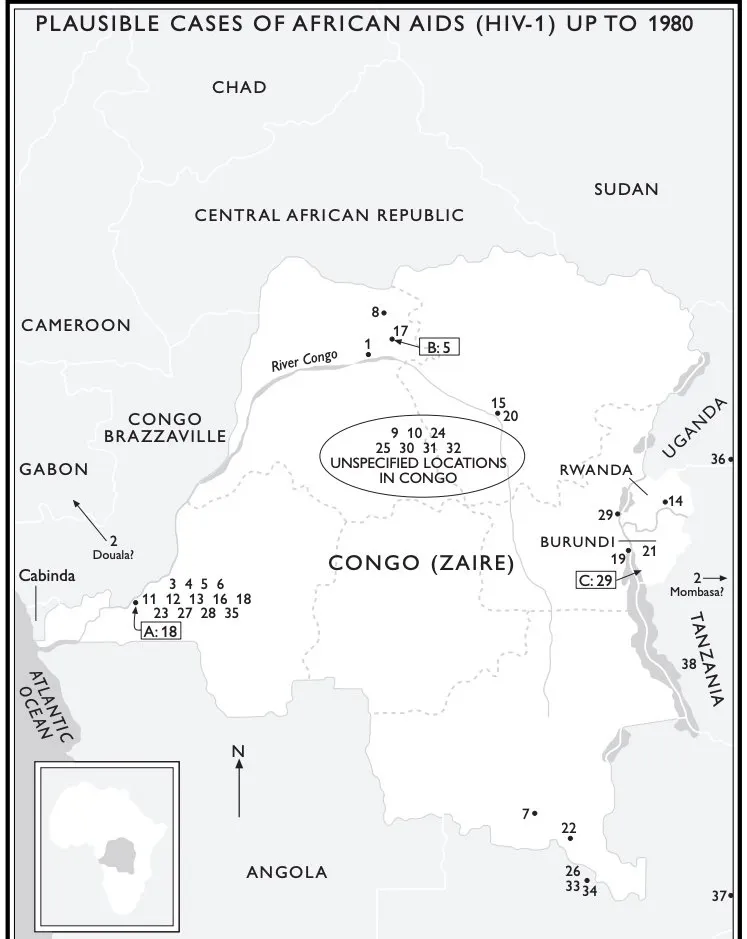 Map of early AIDS cases in the Congo and bordering countries