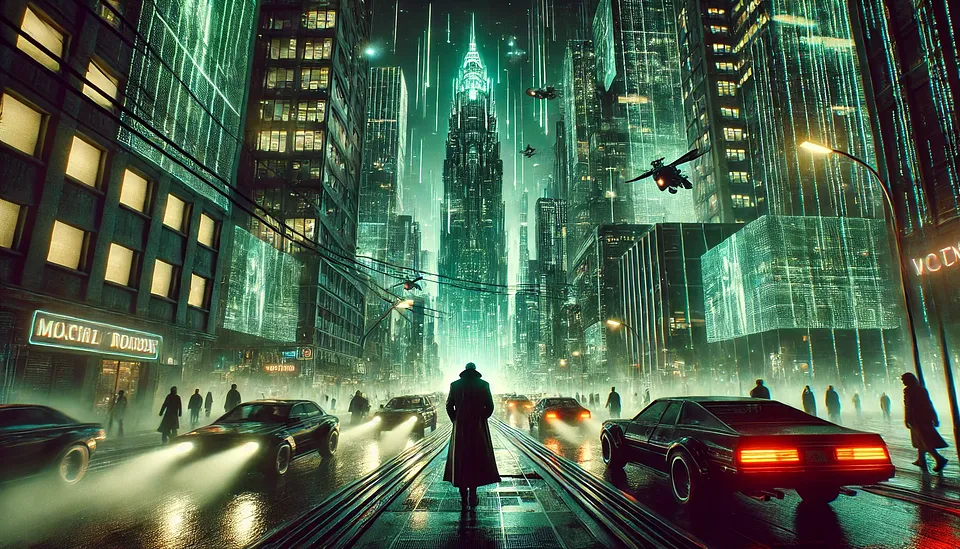 Illustration from the article, depicting a futuristic street of a large city at night.
