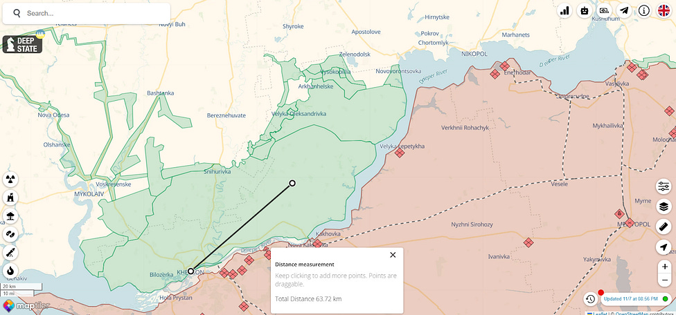 DeepState Map, Distance from the Charivne to Kherson