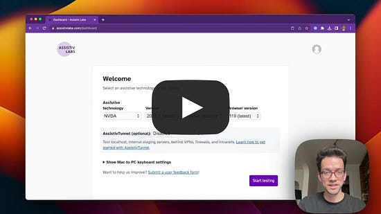 Screen capture from a video where Nick, Assistiv Labs Software Engineer, describes how to start a live testing session on our platform