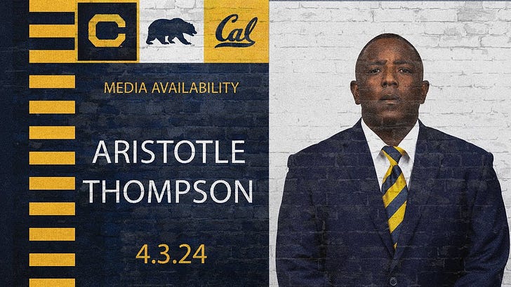 Cal assistant Aristotle Thompson chats up his running backs