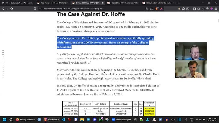 Interview with Lex Acker [YouTube]: BC FOI on COVID Vaccine Harms Hidden from Public. Part 1: Dr. Hoffe’s Flags. 