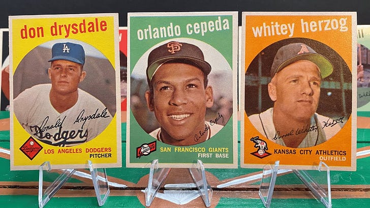 '59 Topps Friday Cards 387-393: Hall of Famers Don Drysdale, Orlando Cepeda and Whitey Herzog 