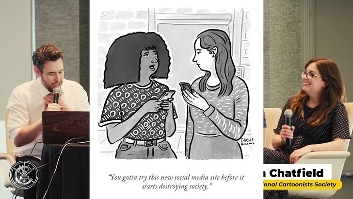 One-Click Cartooning: Michael Maslin's "One New Yorker Cartoon Generator Reflects on Another New Yorker Cartoon Generator" AI, and the State of the Art.