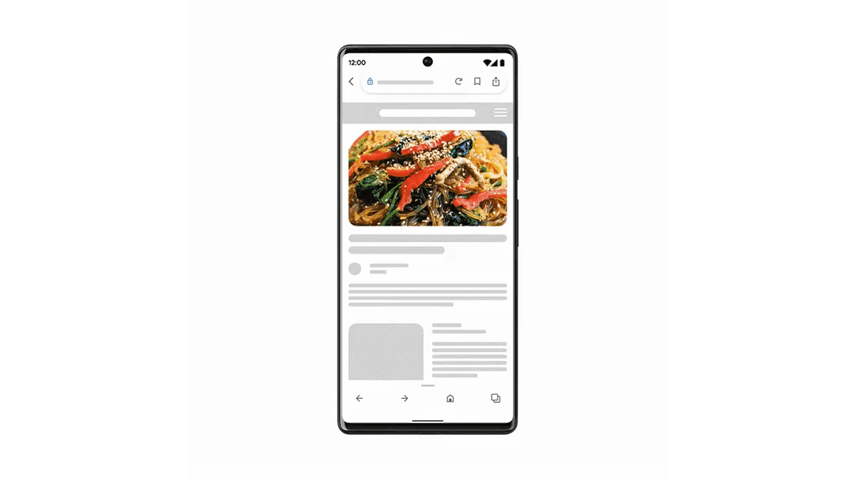 A mobile phone displays a photo of noodles. A cursor selects the photo, which displays a search results page for "Japchae." The cursor selects the search box at the top of the page, where a small icon of the noodle photos appears next to the words "Add to your search." In the search bar on the next screen, the user types "near me." The next screen displays a list of restaurants. The cursor selects one called ParksKitchen, which opens up a local result with a map, directions and other info.