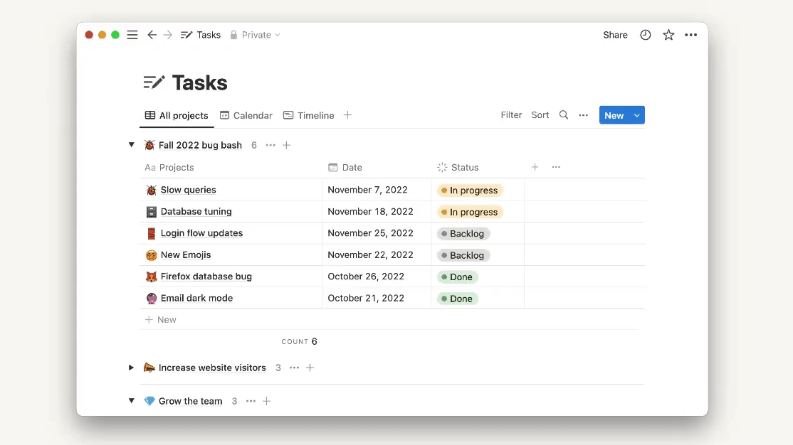 This GIF shows a Task database in Notion. The user opens the database template dropdown. They decide to make the "Release note" template repeat weekly on Tuesday and Thursdays. Then, they navigate to the calendar view, where the now-repeating "Release note" task populates every Tuesday and Thursday.