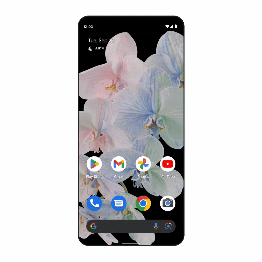 A GIF shows the Home screen of a smartphone. There’s a tap on the Lens icon, which opens the Google Lens feature. An image with Spanish text is selected and there’s a tap to translate the text to English. The image reappears with the same text, but now in English.