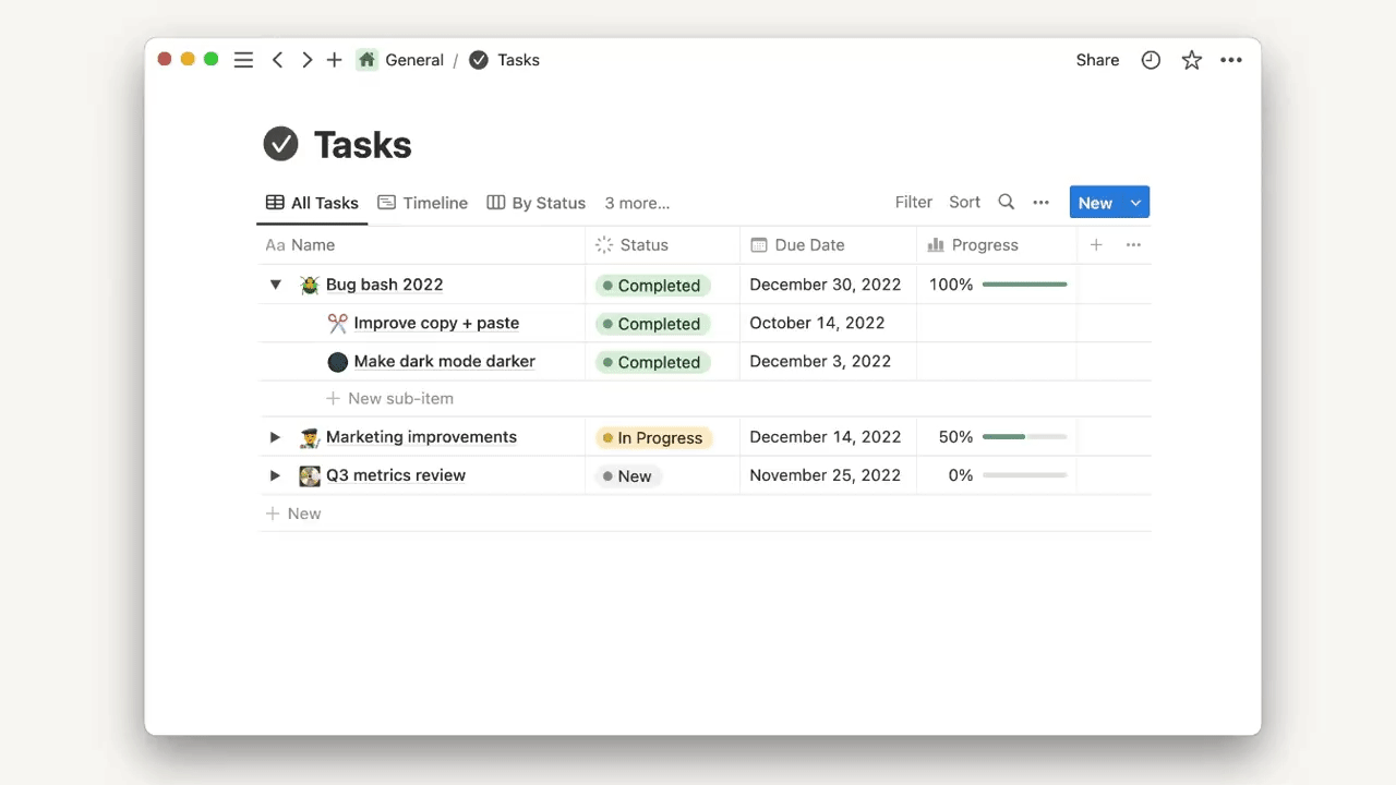 This GIF shows off the new sub-items feature in a tasks database in Notion. Three top-level tasks are displayed, with toggles to their left. The user opens the “Marketing improvements” task to show two sub-items. They then add a third one.