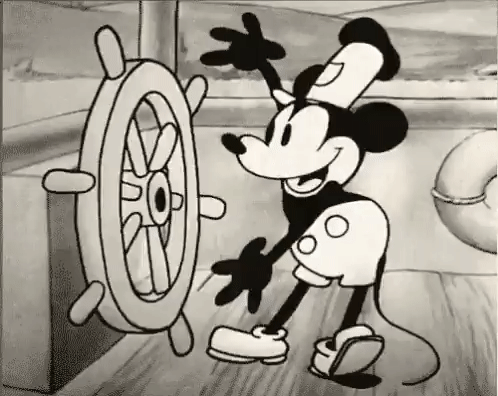 Micky Mouse in Steamboat Willy. It's important to clarify Steamboat Willy is a boat - or Disney film - and not yet another Captain Pugwash joke...