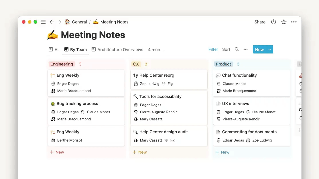 A Notion meeting notes database shows three columns of notes as cards in a kanban board view. The user clicks the top left card "Eng Weekly" which opens the note as a panel on the right side. The user then navigates through three additional notes which show up in the side peek panel on the right.