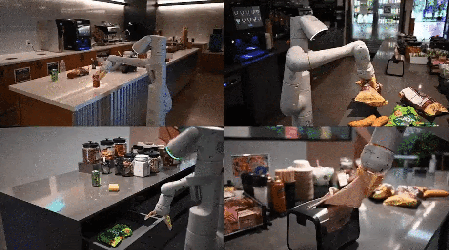 A GIF displays a grid with four robots performing a variety of simple tasks in a kitchen, such as taking items out of a drawer, picking up a sponge and pulling napkins out of a container.