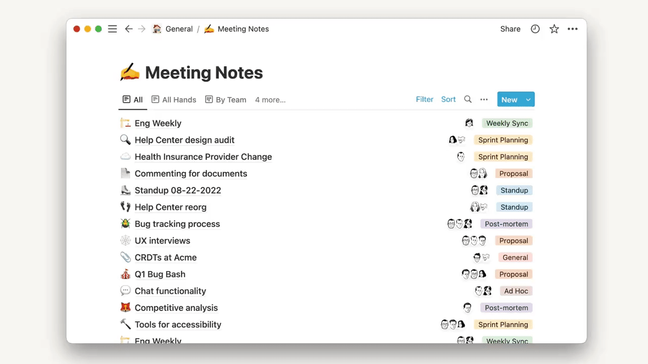 This Notion meeting notes database contains a list of different pages. The user clicks the dropdown menu next to a blue "New" button at the top right to show four different templates configured for the database. They then set the "New meeting" template as the default for the current view.