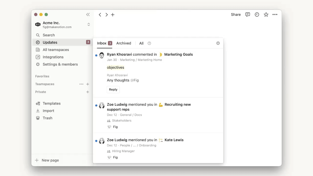 This GIF shows a user cleaning up their updates inbox in Notion. They mark two notifications as read, and reply to a third in a "Marketing Goals" thread where they were mentioned. Once all the notifications have been read and addressed, they click the "Archive all" button to clear the whole inbox.