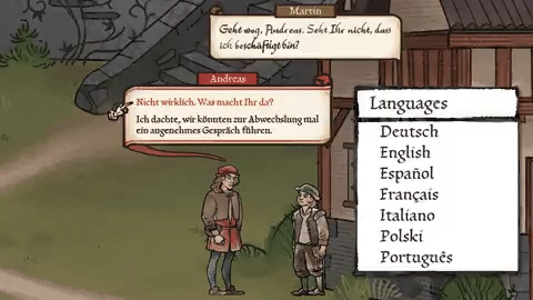 GIF shows Andreas holding a conversation with Martin in different languages: German, English, Spanish, French, Italian, Polish, and Brazilian Portuguese. 