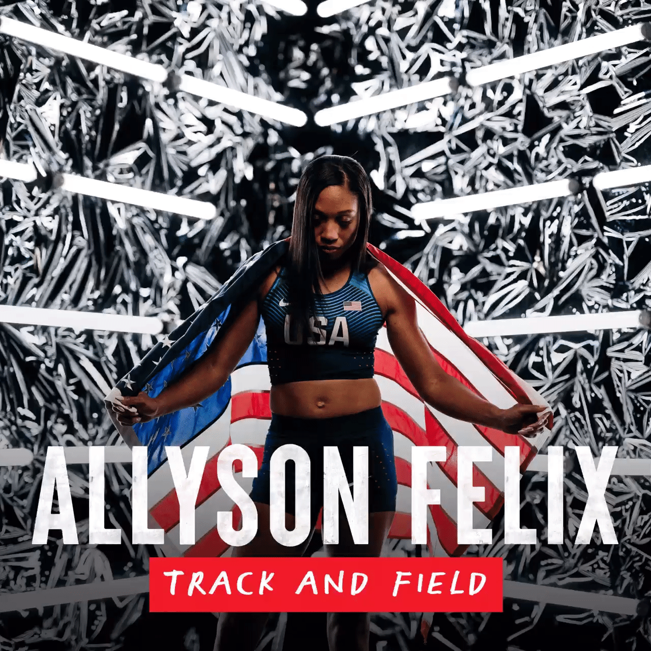 Allyson Felix holding the American flag in a GIF. The GIF reads, "Allyson Felix - Track and Field." 