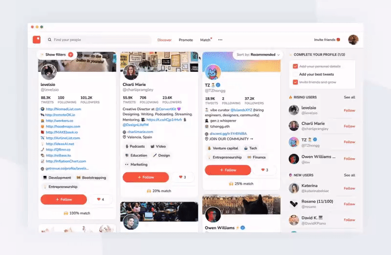 The platform in action. Browsing through Twitter accounts, filtering by interests, location, and identity, opening profiles to see more details, and matching 1:1 with people to make new friends.