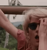 GIF of Laura Dern in Jurassic Park as Dr. Ellie Sattler taking off her sunglasses in shock