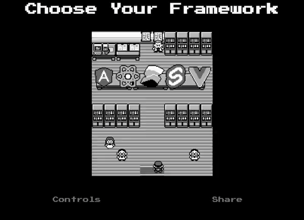Recording of the Choose Your Framework site showing a Pokemon-like player walking in a lab to tables that have five JavaScript UI frameworks on them, and confirming the React framework with Oak