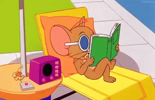 Jerry the mouse, wearing sunglasses, listening to music and reading near a pool.