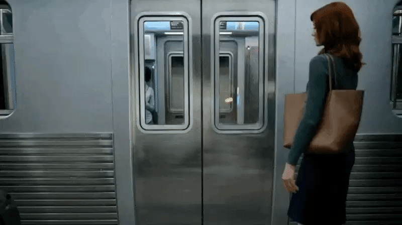 Helly (from Severance) stands in front of a Subway car and appears to vanish out of view for a moment before reappearing. Featured at the end of the Apple Event.