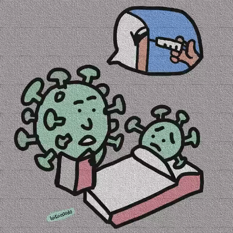 GIF is a cartoon that shows an extremely personified virus particle reading a bedtime story to a small "child" virus cartoon, which is in bed and has a terrified look on its face. A dialog bubble shows a cartoon of a vaccine being administered into someone's arm. IE, the parent virus is reading a story about vaccination to its child, and these viruses are very afraid of vaccination.