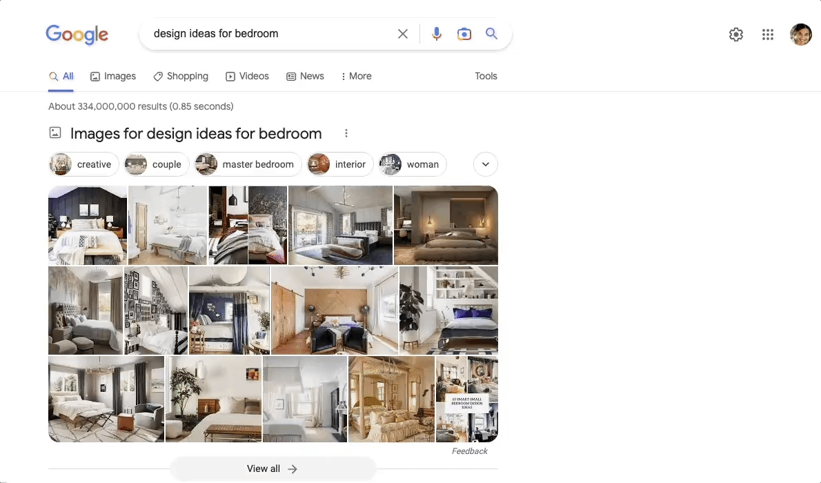 A GIF displays a search for "design ideas for bedroom" and showcases the new continuous scrolling feature, wherein further results display once you reach the bottom of the page. 
