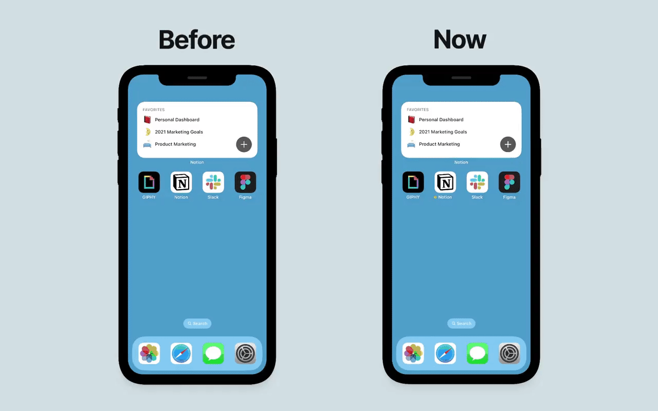This GIF shows a side-by-side of two mobile devices set against a blue background. Text designates the left as "Before" and the right as "Now." Both devices open the Notion mobile app and navigate to the Marketing home page. This takes the left device ~5 seconds, and the right device ~2 seconds.