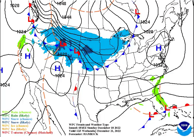 Forecast maps valid between Wednesday, December 21 and Saturday, December 24