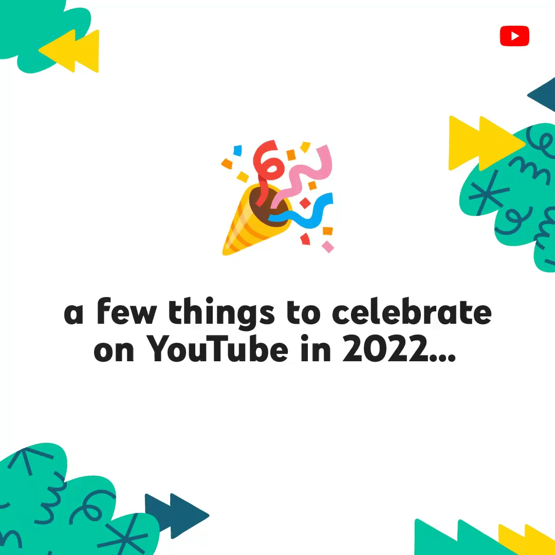 A celebratory .gif that shares updates on the future of YouTube, with the text: a few things to celebrate on YouTube in 2022...more ways for creators to earn money, new protections for viewers, career development skills, #YouTubeShorts have been watched 5 trillion times.